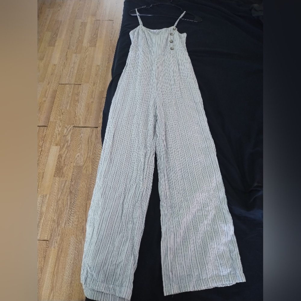 Urban Outfitters Linen Blend Jumpsuit Size US 4 White And Blue Stripe Lightweigh